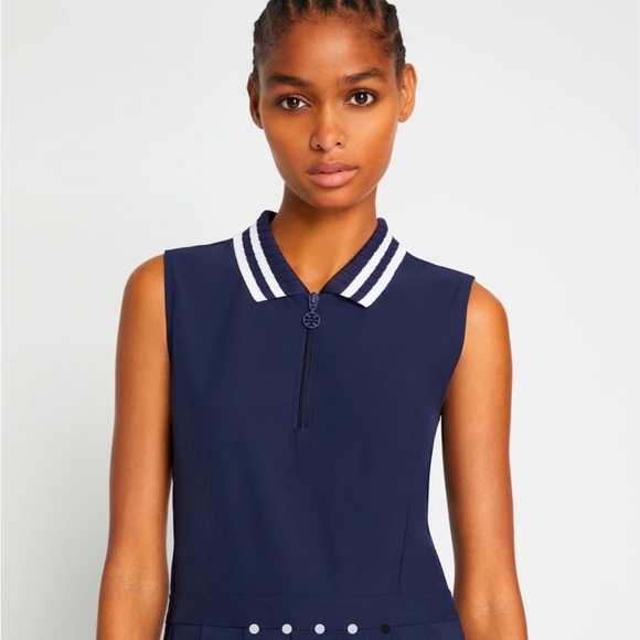 Tory Burch sport PERFORMANCE PLEATED COLLAR GOLF DRESS size S navy blue/white - Picture 3 of 12